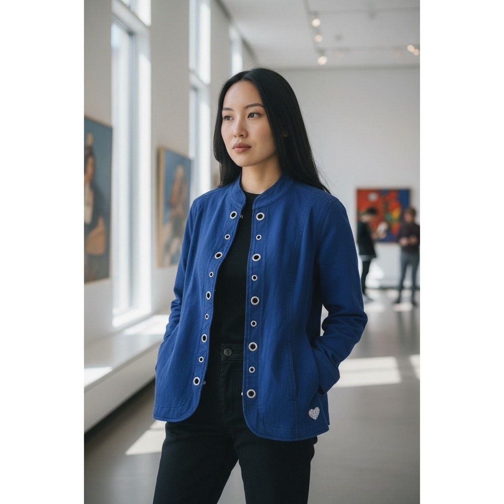 Statement Blue Jacket Grommet Heart Detail Zipper Front‎ Women